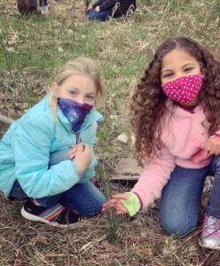 2 Young students tending to a pine sapling.