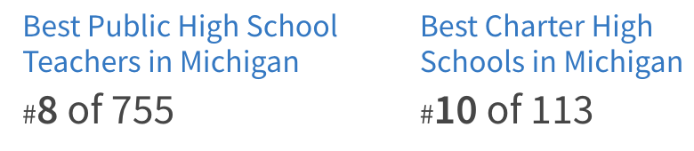 West Michigan Academy of Environmental Science was ranked the #8 High School Teachers in the State and the #10 Best Charter High School in Michigan
